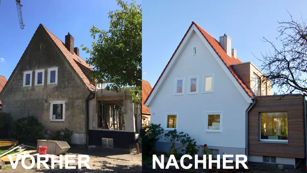 Haussanierung: Vorher und Nachher: Komplette Außensanierung mit neuer Fassade, neuen Fenstern und Zubau.